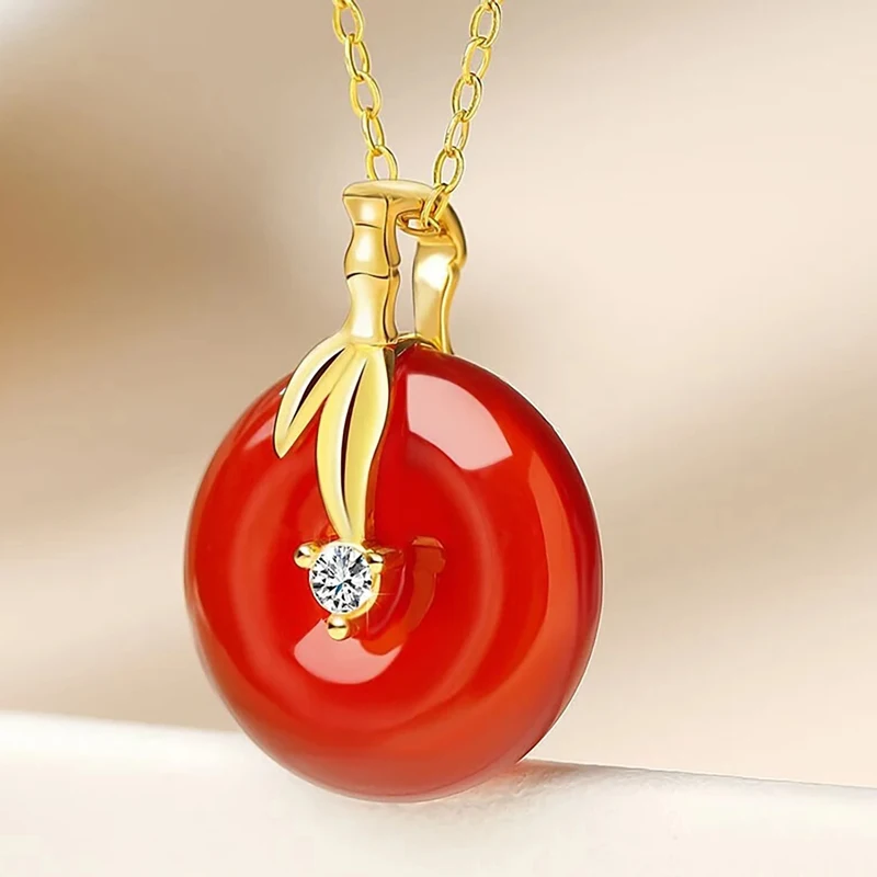 

Bamboo 18k Gold Necklace Women Luxury Dubai Jewlery Red Agate Jade Pendant Golden Charms for Jewelry Gift for New Mom May 10 New