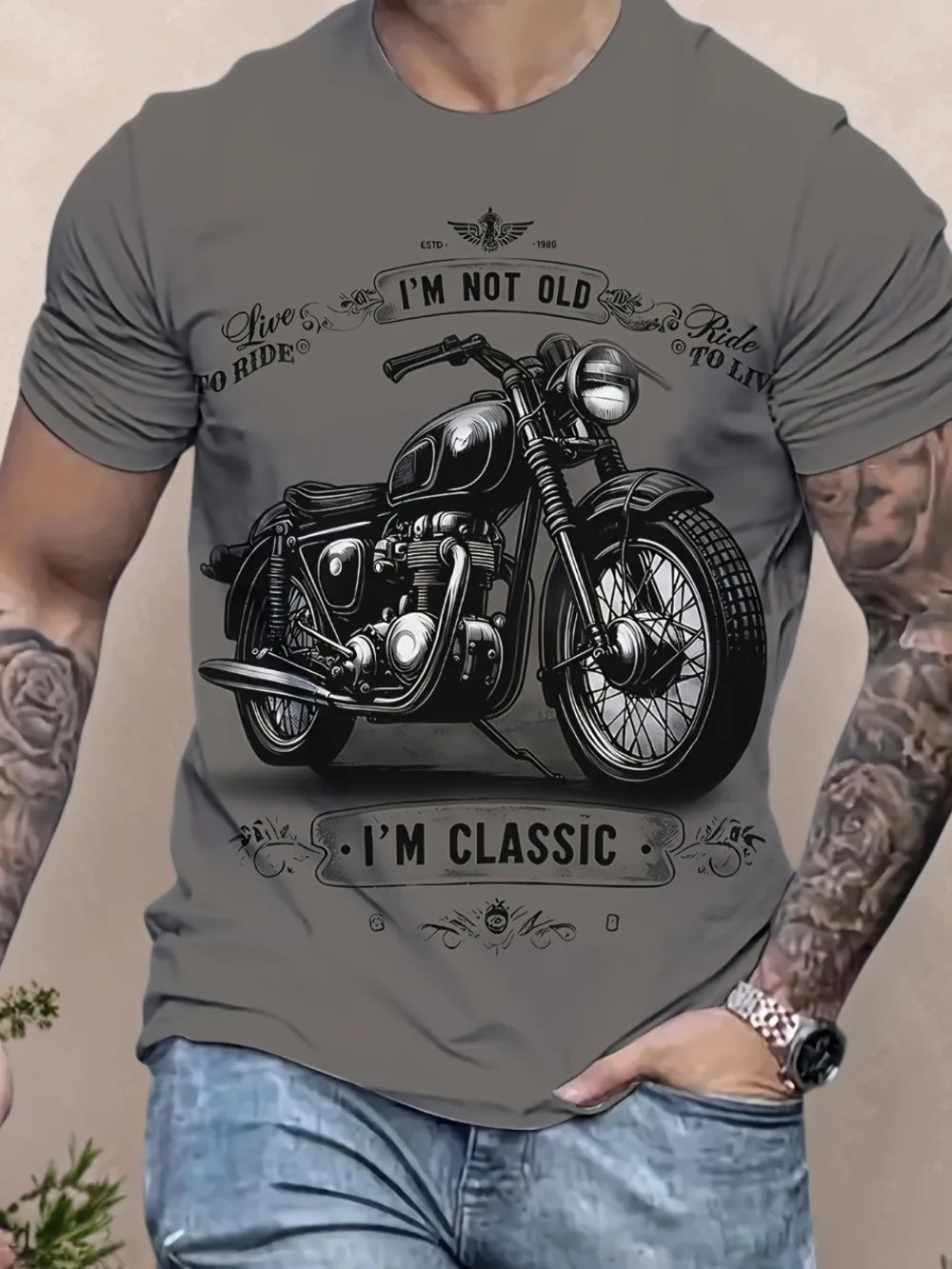 Sommerliches 3D-bedrucktes großes Herren-T-Shirt im Retro-Stil mit Motorradmuster, locker und bequem, geeignet für den täglichen Gebrauch