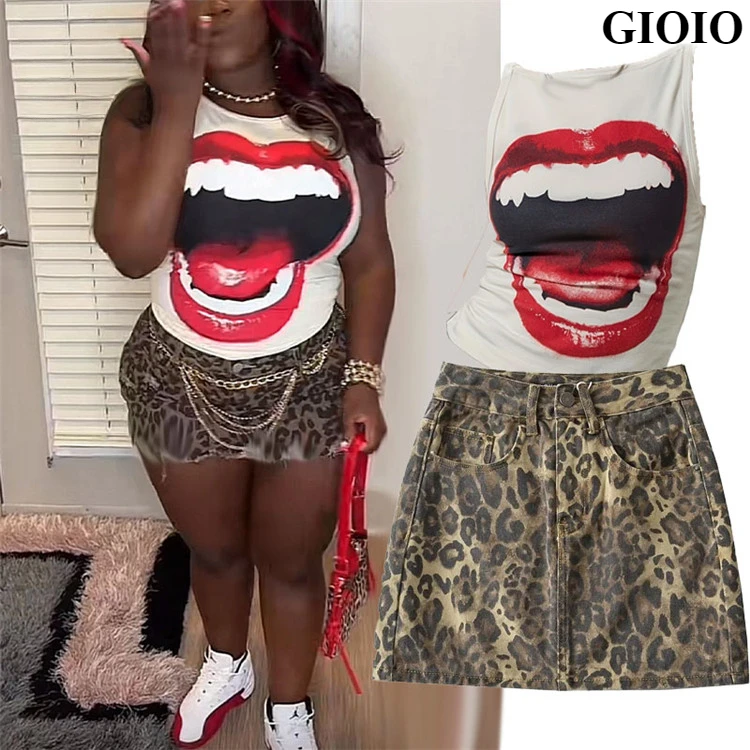 

GIOIO Summer Casual 2 Piece Set For Women 2024 Big Mouth Tank Top+Mini Leopard Skirt Set