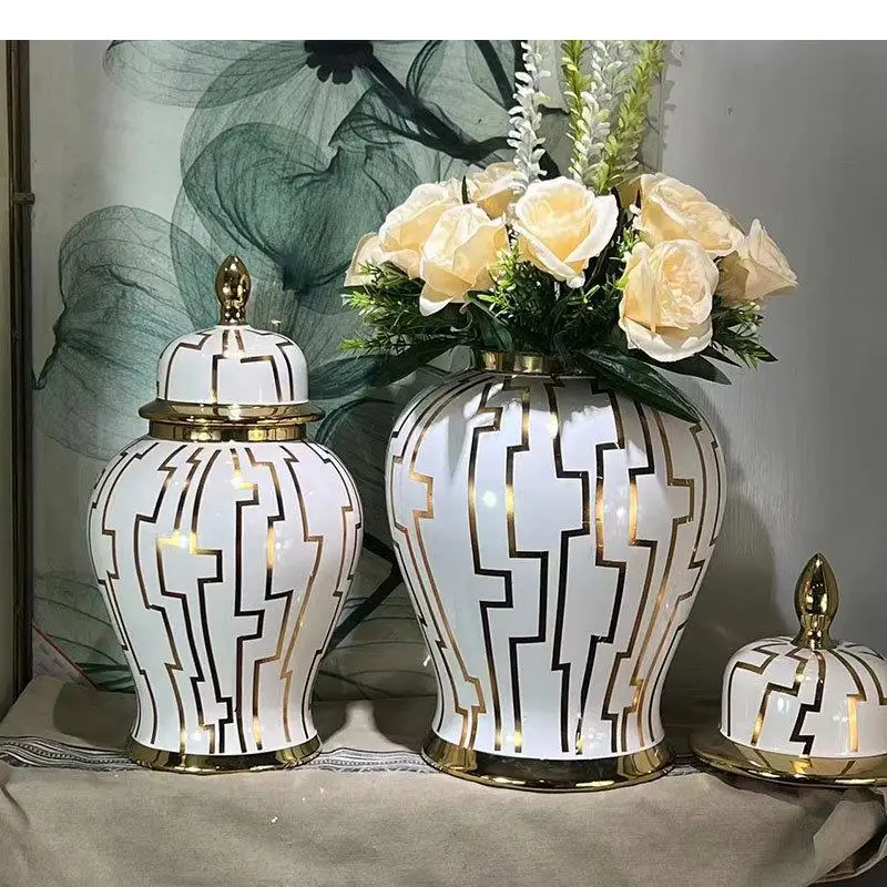 Geometric Golden Stripe Ceramic Storage Jar Flower Arrangement Desk Decoration General Ginger Jars Porcelain Jewelry