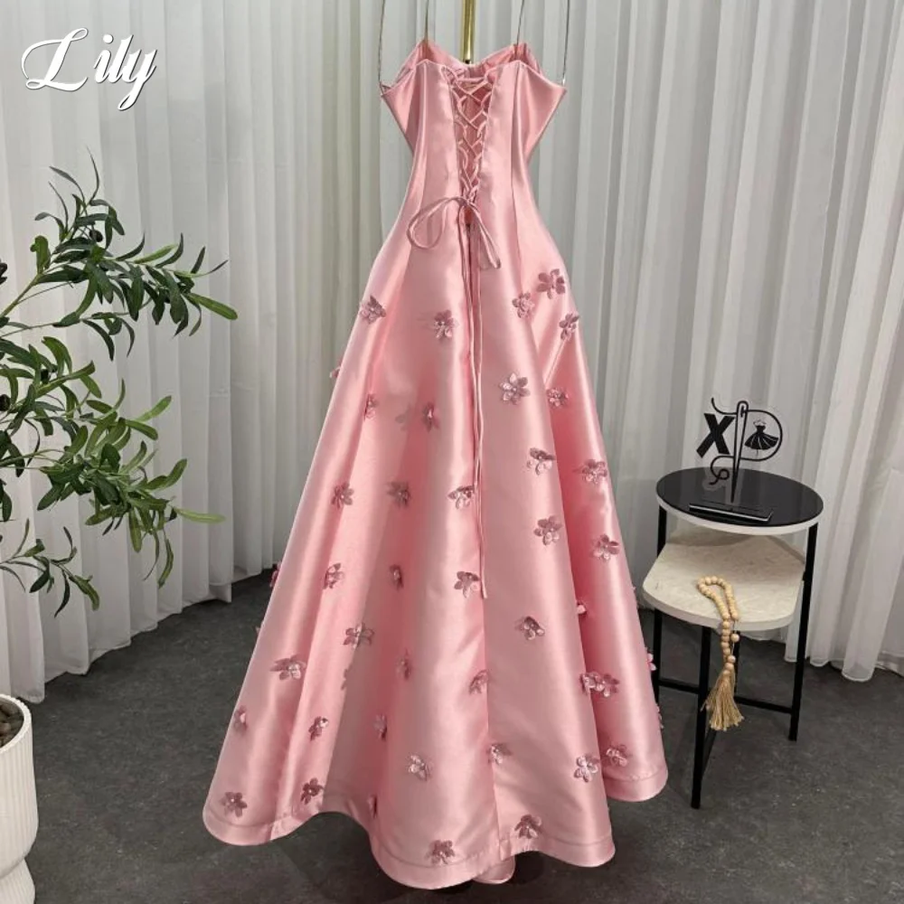 Lily Pink A-Line Simple Prom Dress Sweetheart Sleeveless Evening Gowns with Appliques 3D Flowers Satin Party Dress Customized