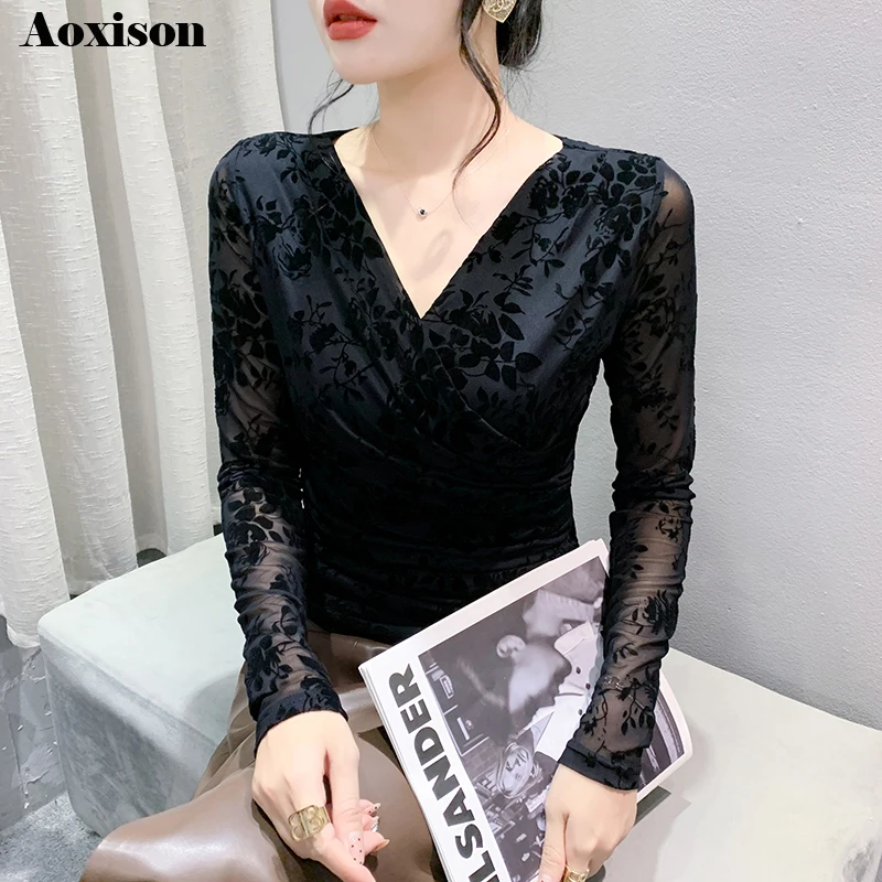 2024 Autumn Winter Flocking Velvet Flower Tops Cross Pleated Long sleeved Bottoming T shirt V neck Women Tees