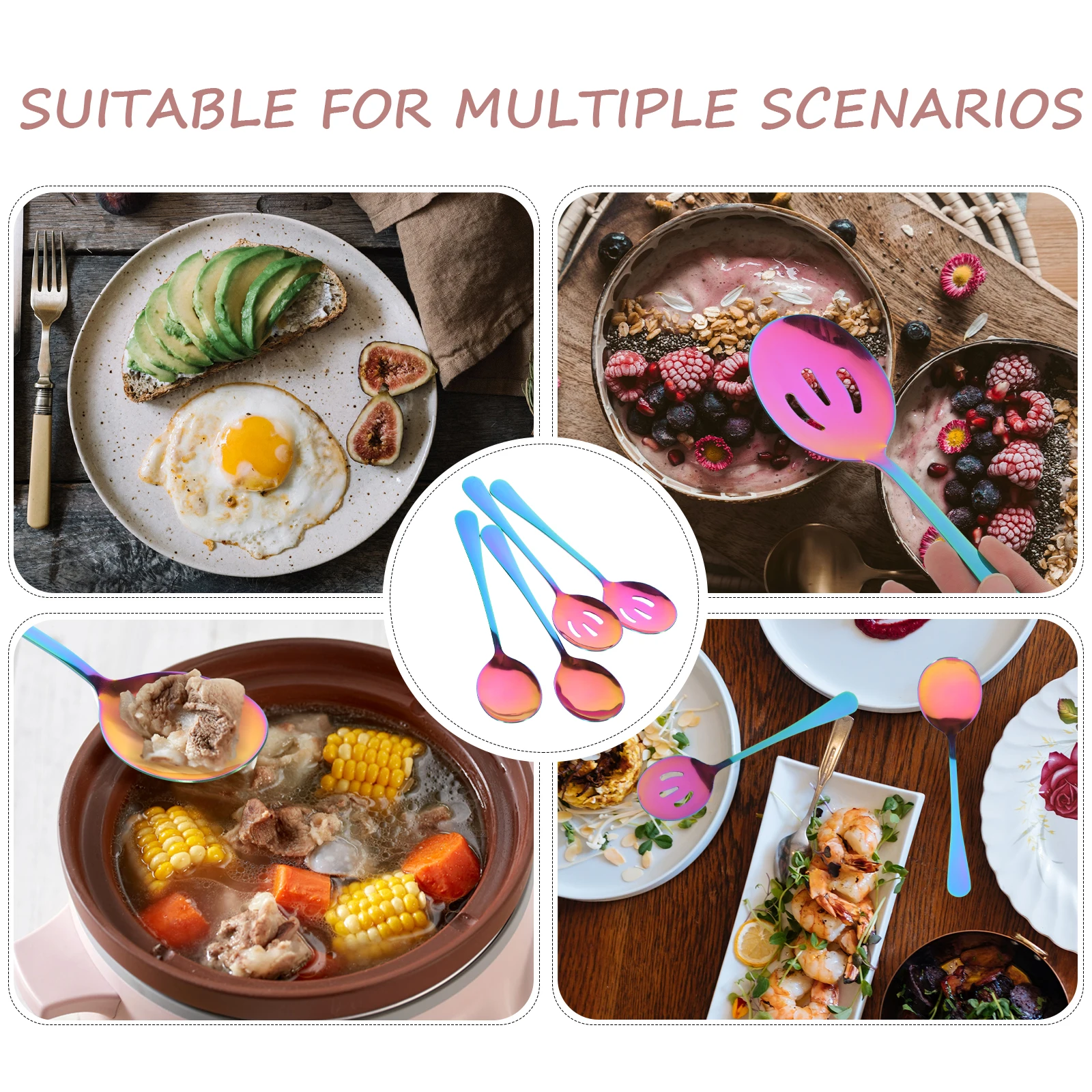 

4Pcs Stainless Steel Slotted Spoon Set Daily Use Kitchen Supply Ergonomic Design Reusable Serving Utensils For Household