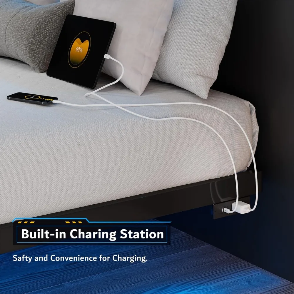 إطار سرير بمنصة معدنية بحجم كوين مع تصميم عائم ومحطة شحن وإضاءة LED