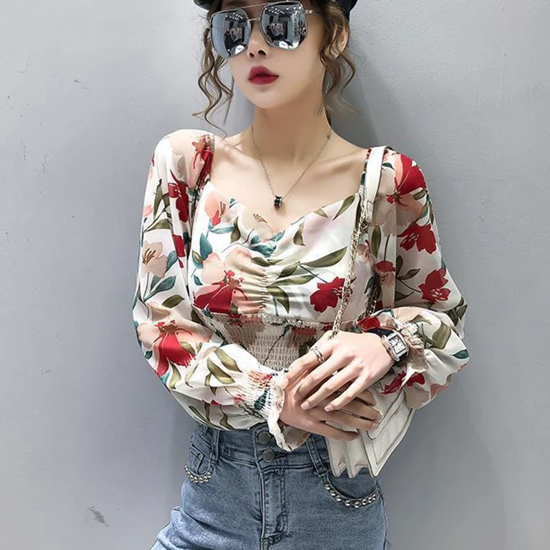 Rimocy Fashion Flowers Printed Chiffon Shirts Women 2024 Summer Long Sleeve Cropped Shirts Woman Vinatge Low Collar Blusas Mujer