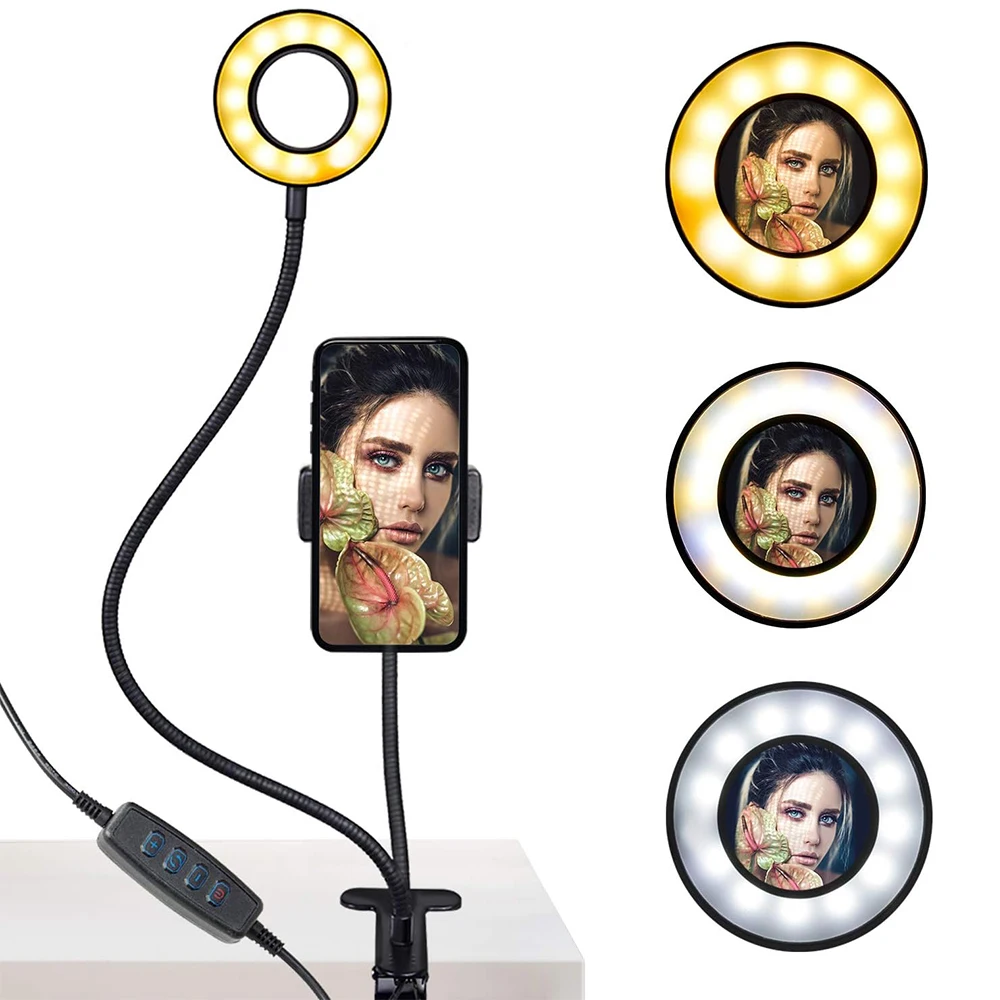 Clip on LED Reading Light Kids Desk Lamp Flexible Gooseneck with Phone Holder Lazy Selfie Ring Light LED Makeup Mirror Lights