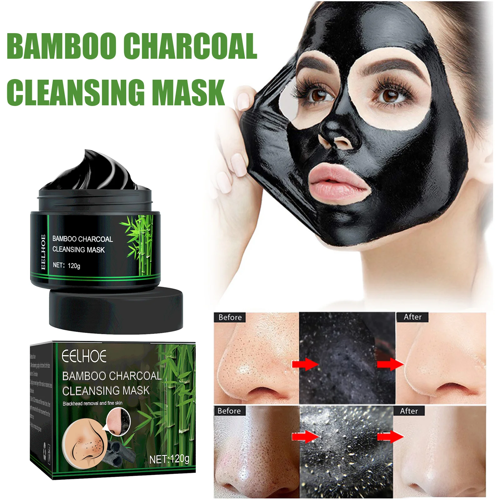 Maschera per la rimozione di punti neri al carbone di bambù Pulizia profonda Purificante Ridurre i pori Crema Controllo del petrolio Esfoliante Peeling Maschera di fango Cura della pelle