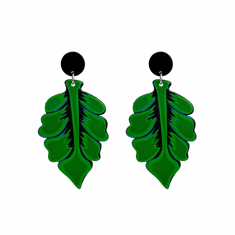 Pendientes largos de aguja de plata para niños, divertidos y geniales, de dibujos animados, Retro, elegante, con tótem de personalidad, de hoja verde