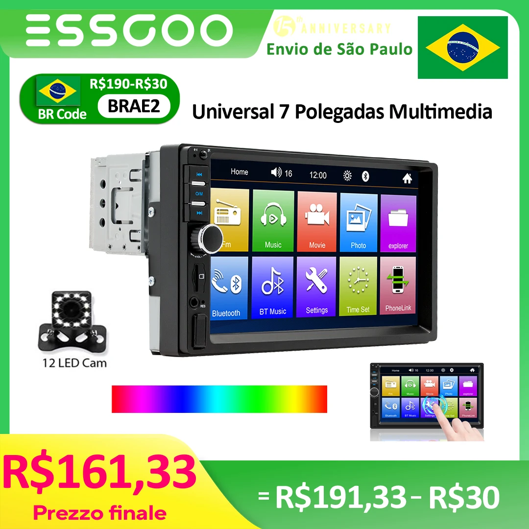 Rádio Multimídia 1 Din 7 Polegadas MP5 USB Bluetooth