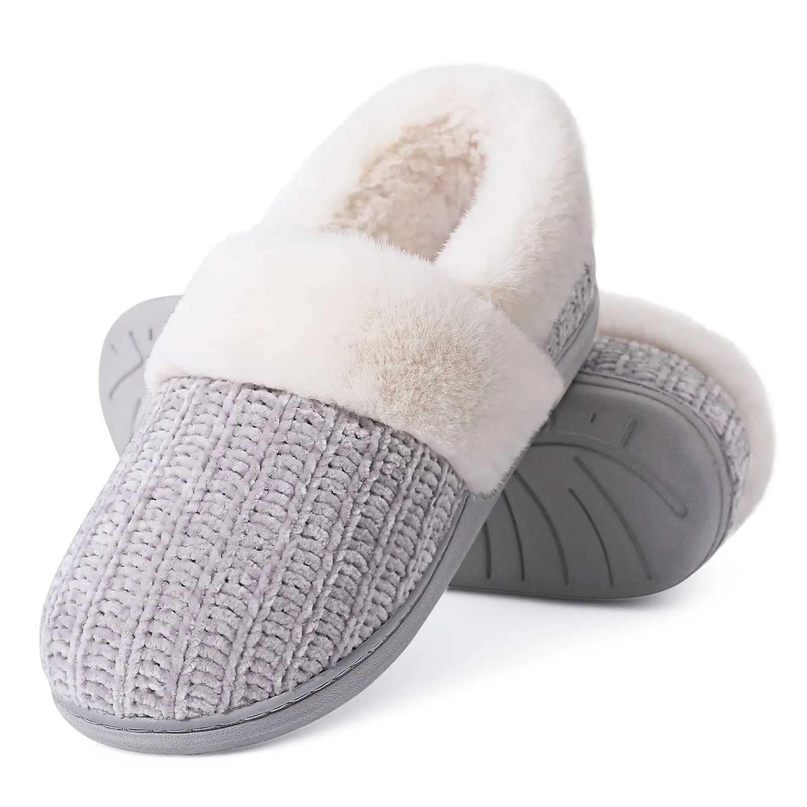 Shevalues Women's Winter Fuzzy House Slippers Non-slip Cozy  Fluffy Knit Slides With Memory Foam Indoor Warm Plush Bedroom Shoes