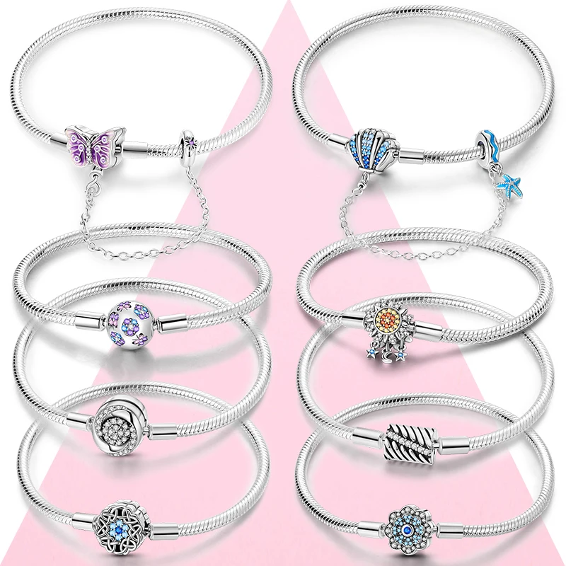 925 스털링 실버 여성용 팔찌, 오리지널 S925 참 비즈 쥬얼리 선물, 해양 쉘 안전 체인, 스네이크 본 체인