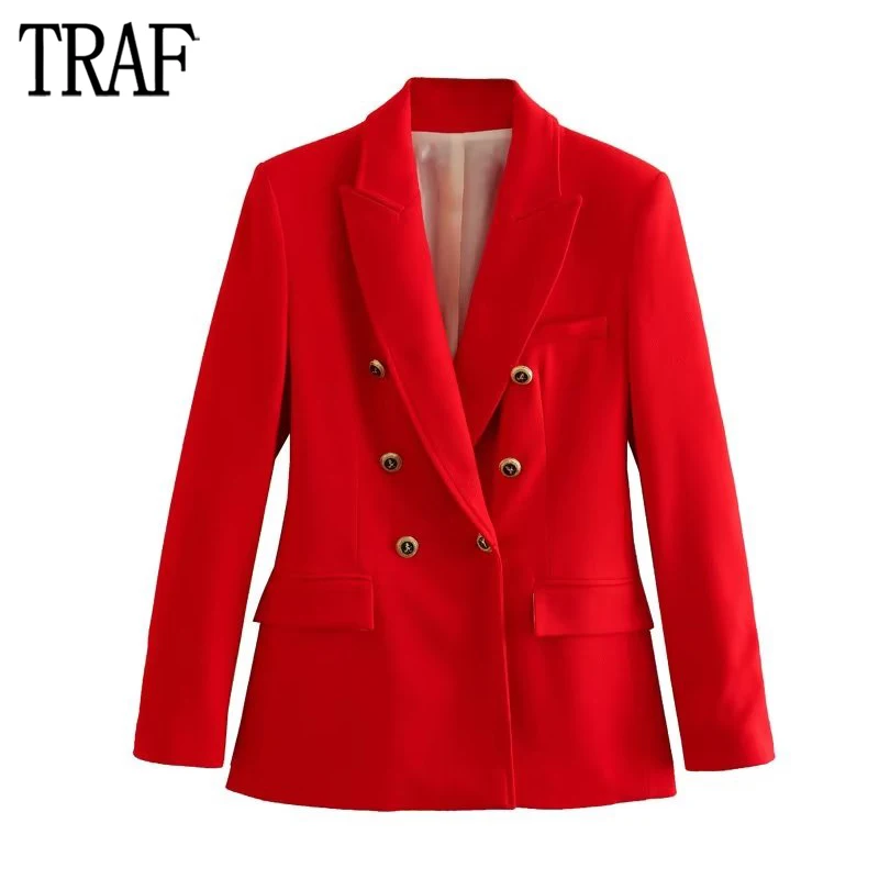 TRAF Red Tailor Women\'s Blazers Double Breasted Blazer Woman Long Sleeve Office Outfits Women Blazer Pad Shoulder Jacket Women