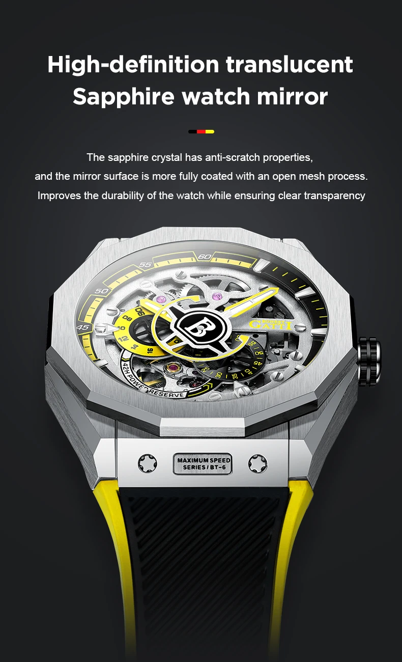 BONEST GATTI Men Automatic Watch 42mm Military Mechanical Wristwatch Skeleton Waterproof Sapphire Luminous Viton Strap
