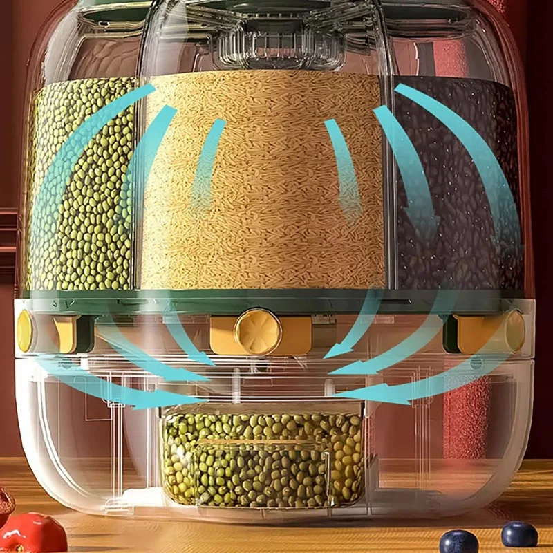 6 Grid Rotating Grain Dispenser Large Capacity Rice Storage 360 ° Container Cereal Rice Sealed Tank Grain Box Kitchen Essentials