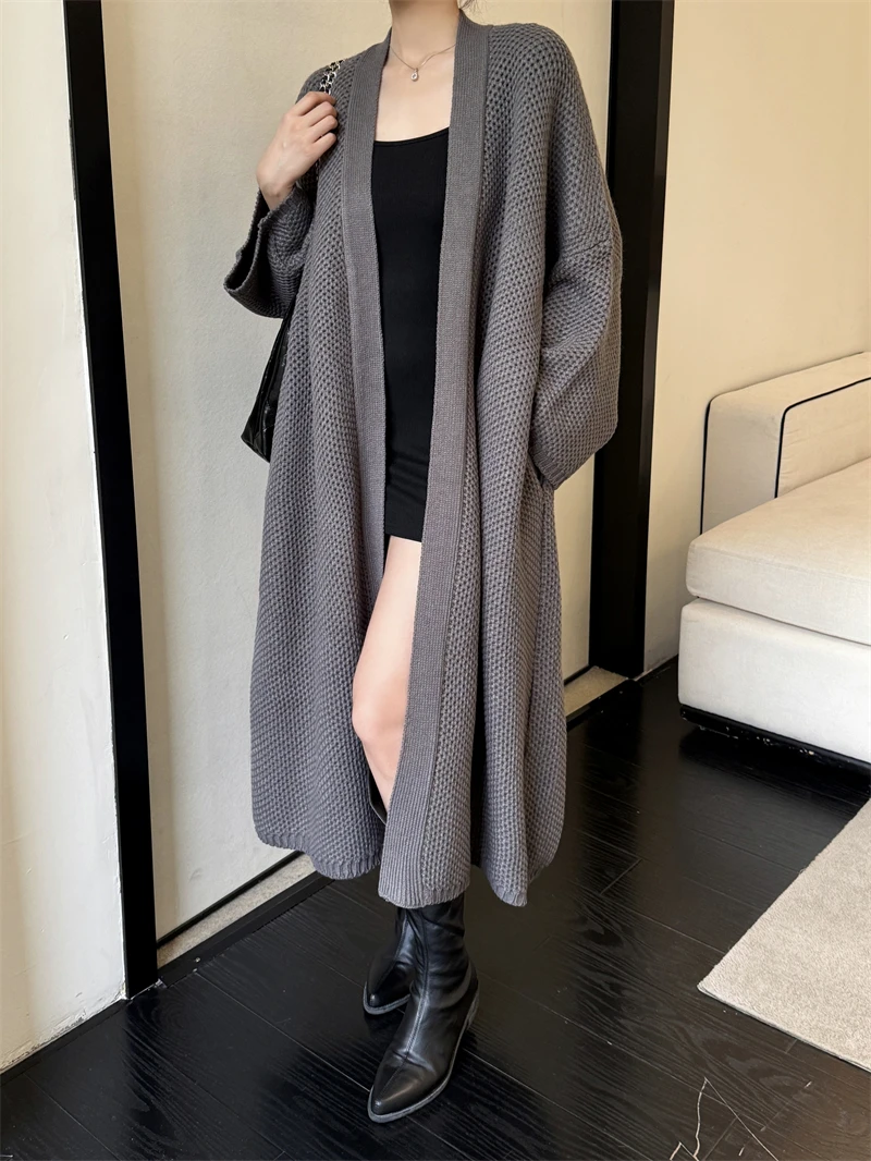 

Atmosphere type autumn and winter gray thick long solid color knitted sweater jacket loose casual cardigan coat