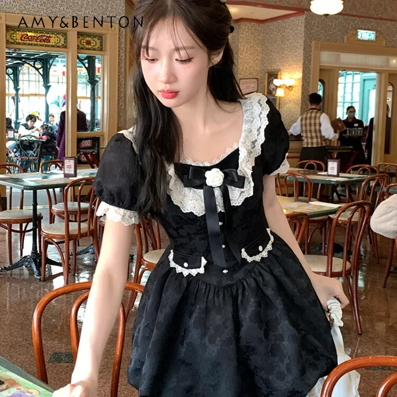 

Japanese Style JK Uniform Black Blue Short-Sleeved Puff Sleeve Lace Edge Color Matching Waist Slimming Versatile Dress For Girls