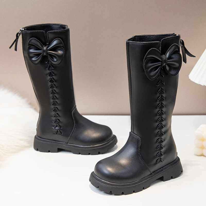 الفتيات أحذية الأميرة نمط الاطفال أحذية طويلة الحلو الأقواس الكبيرة الخريف الأطفال أحذية عالية أصابع مستديرة الجانب البريدي الاطفال أحذية لفتاة #4