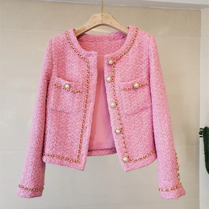 2024 Autumn Winter New Pink High-Quality Women's Runway Tweed  Beaded Buckle Brand Coat Woolen Jackets