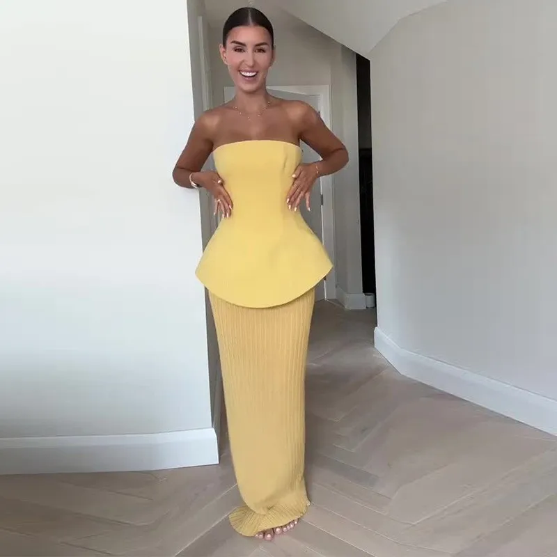 

Модные однотонные комплекты с юбкой для женщин, элегантные тонкие топы без рукавов с открытой спиной, плиссированные юбки, костюмы из 2 предметов, женская повседневная одежда