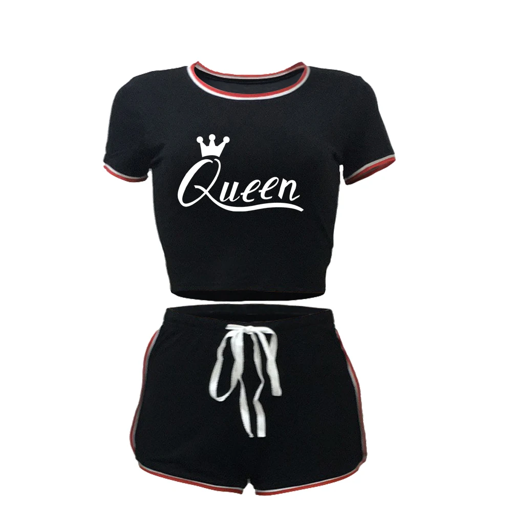 Women Queen Print Sport 2 Pcs Set Women Crop Top Shirt Leggings Shorts Yoga Sportsuit Wear Workout Outfit Fitness Gym Clothes