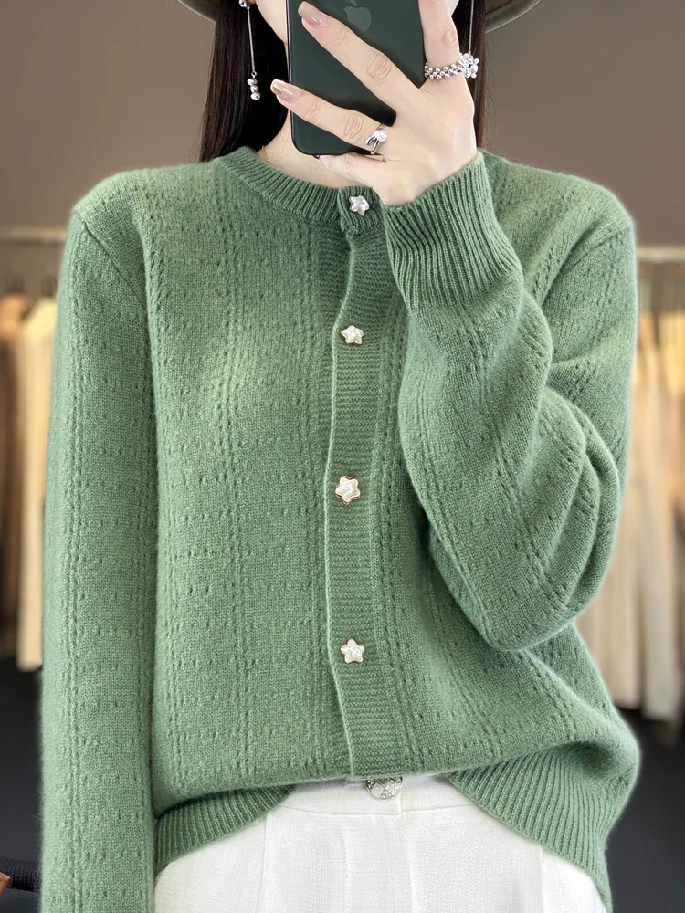 2023 New Autumn Winter Thick Cardigan For Women 100% Merino Wool Sweater Hollow O-Neck Long Sleeve Warm Cashmere Knitwear Tops