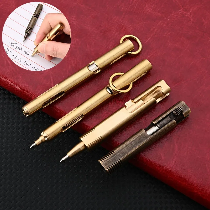 Outdoors EDC Brass Writing Tools Cylindrical Bolt Ballpoint Pen Mini Keychain Business Signature Stationery Gift Pen EDC