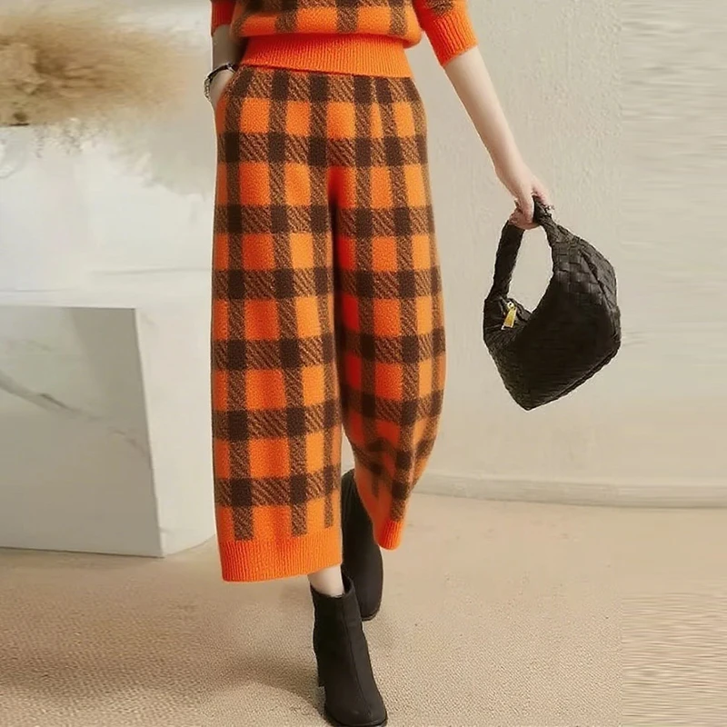 Modigirl Women Knitting Warm Strech Pants 2025 Autumn Winter Vintage Casual Contrast Color Plaid Loose Wide Leg Ladies Bottoms