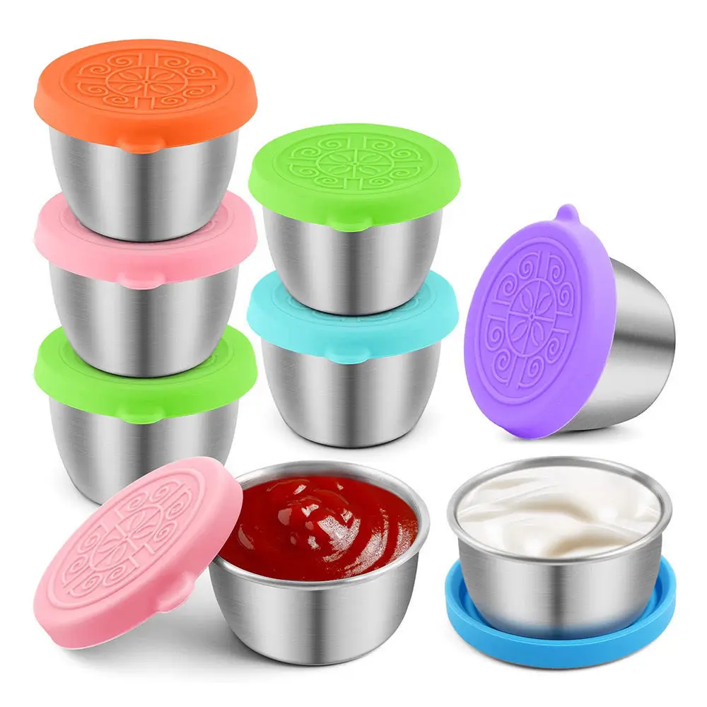 Salad Dressing Container With 1.6oz/45ml Reusable Stainless Steel Cup And Leakproof Silicone Stretch Lid For Picnic Food Storage