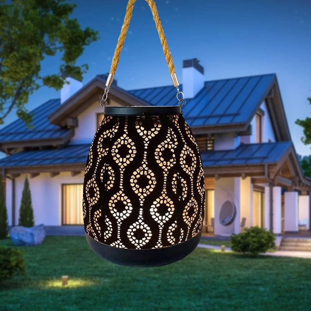 Waterproof Desk Shaped Hollow Lantern Lamp Metal Wrought Iron Hanging Projection Solar Powered Outdooor Landscape Garden Light