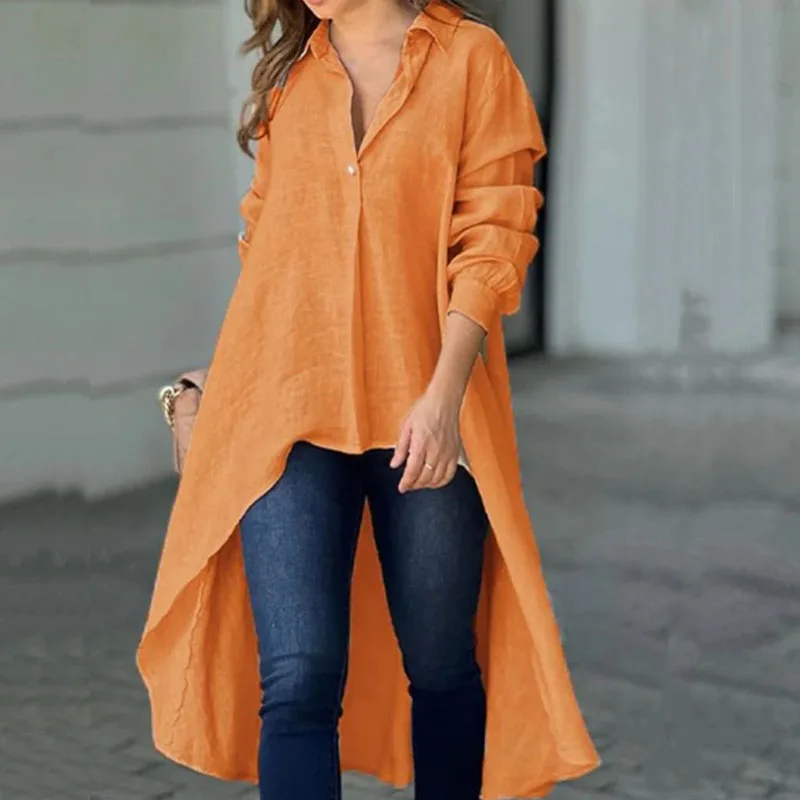 

Women Casual Long Sleeves Solid Irregular Blouses Elegant Turndown Collar Long Shirts Office Fashion Single-breasted Loose Tops