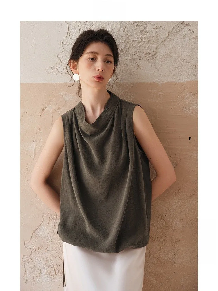

Ltyp Travel Original Washable Crepe Feeling Dry Thread Stack Collar Sleeveless Top Women Summer Casual Loose Fit Silk Blend