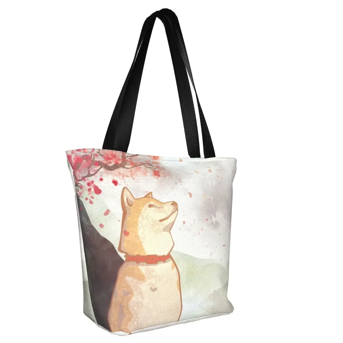 Custom Shiba Inu Dog Canvas Shopping Bags Women Recycling Grocery Japan Sakura Cherry Blossom Tote Shopper Bags