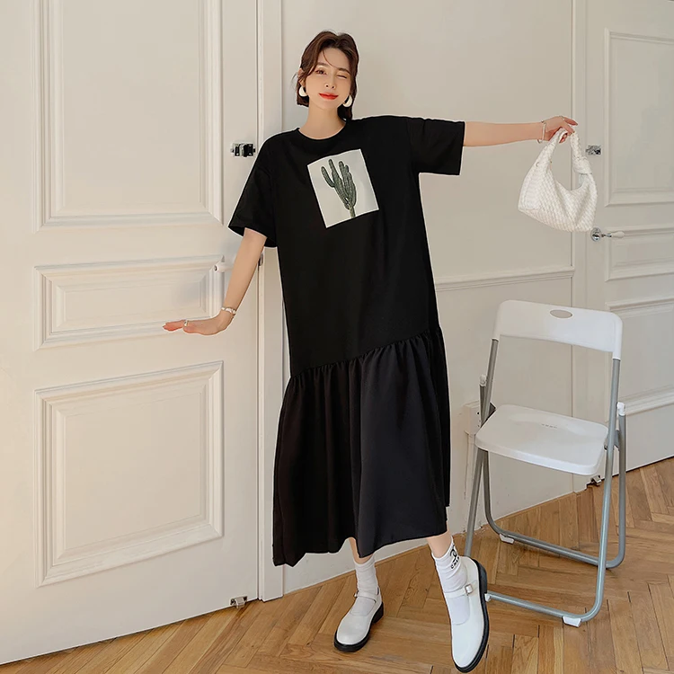 T-shirt coupe ample pour femmes, longueur aux genoux, jupe trapèze, ort Sve, ourlet Patchwork, rue, tricoté, été 2024