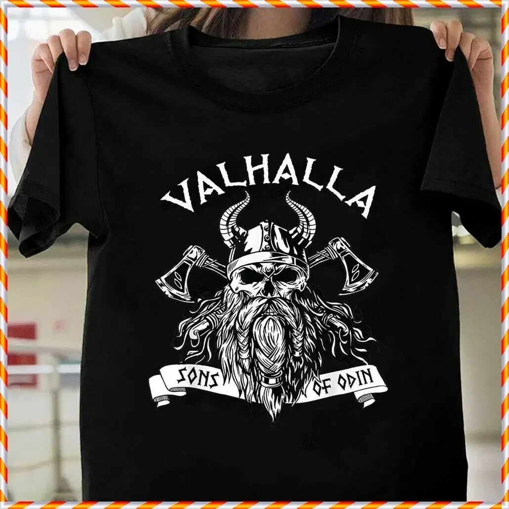 Valhalla Sons of Odin Norse Nordish Thor Mitologia Camiseta Preto Manga Curta Casual 100% Algodão Roupas Masculinas