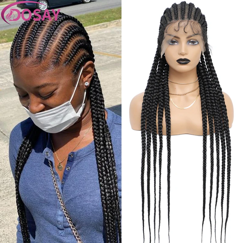 

Black Full Lace Front Braided Wig with Jumbo Plaits 36'' Distressed Cornrow Braid Lace Frontal Wig Synthetic Crochet Braids Wigs