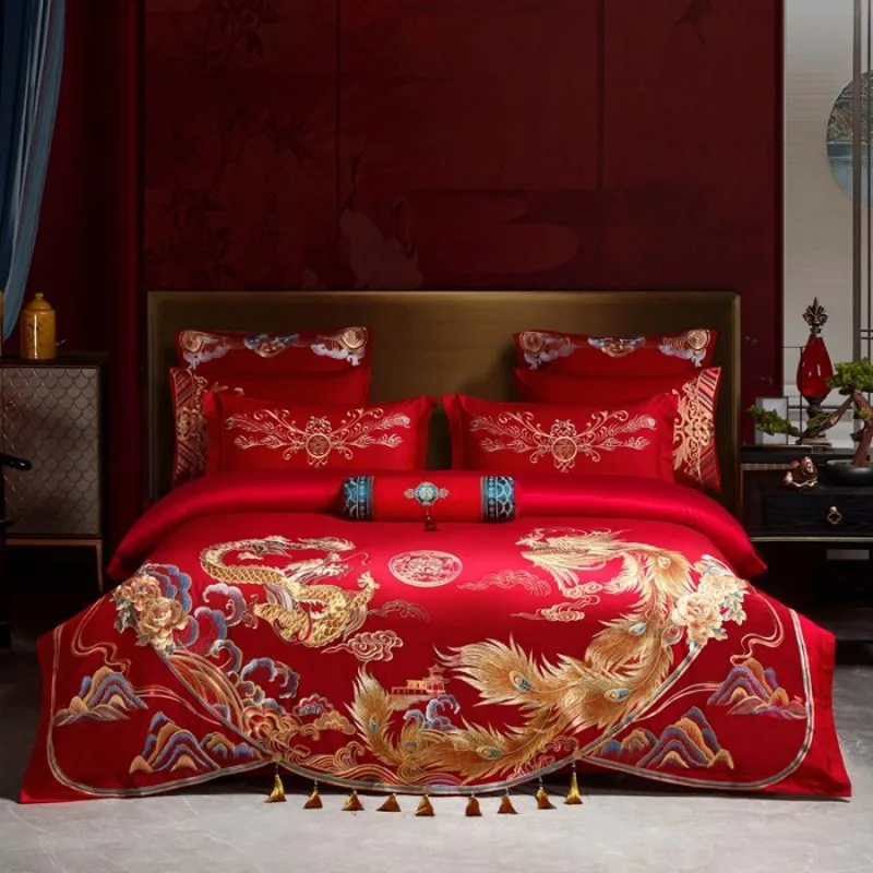 

Egyptian Cotton Bedding Set Luxury Gold Phoenix Loong Embroidery Chinese Wedding Red Quilt/Duvet Cover Bed Sheet Pillowcases