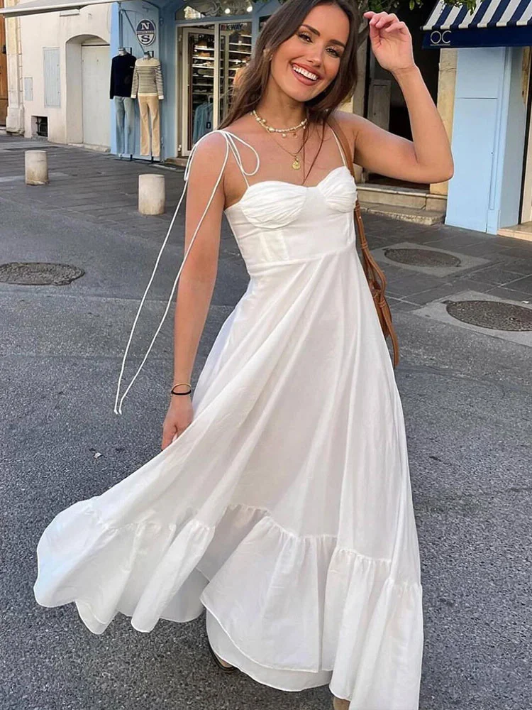 Tossy White Summer Lace-Up Long Dress For Women See-Through High Waist Patchwork Backless Dress Female Bandage Party Dress 2025
