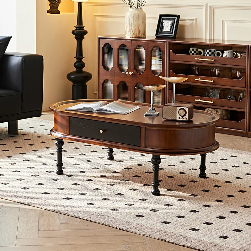 

Французский винтажный кофейный столик в стиле середины века из массива дерева, овальный, с ящиками – стол для гостиной