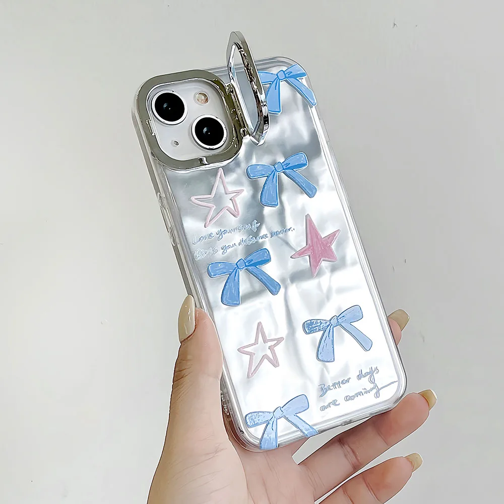 Модный чехол со звездами, бантом, граффити, гальваническим покрытием, серебристые складки, чехол для телефона iPhone 14 13 11 Pro 12 15 Pro Max, крышка кронштейна объектива