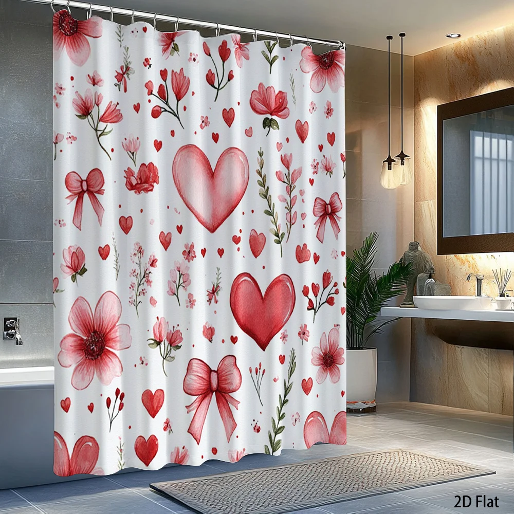 1pc Heart-shaped bow patterned shower curtain, machine washable fabric, with hooks, suitable for bathroom decoration.