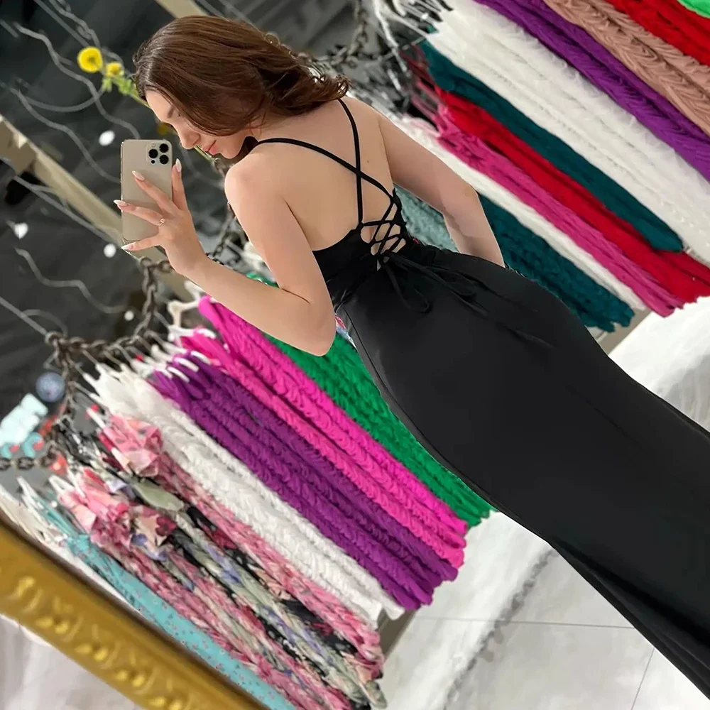 

Customized Simple Sexy Spaghetti Black Party Evening Dresses Strapless Floor Length High Slit Backless Prom Dress