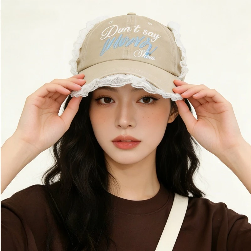 American Vintage Embroidered Letter Washed Lace Trim Baseball Caps for Women Spring Summer Street Versatile Peaked Hat Casquette