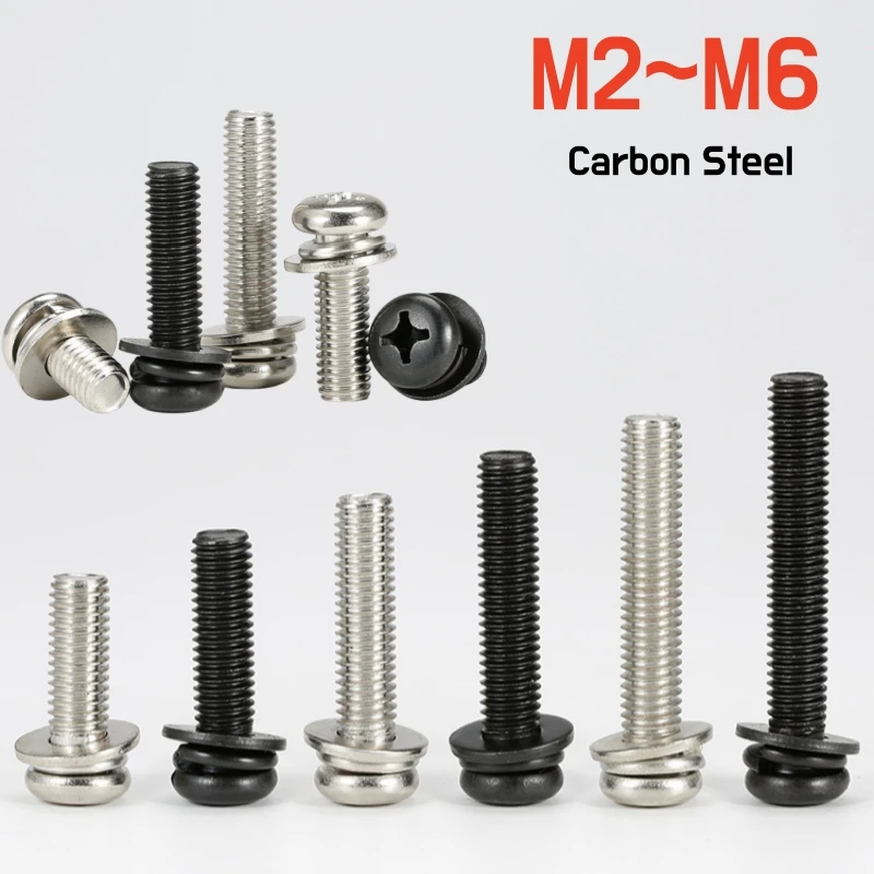 10~100pcs M2 M2.5 M3 M4 M5M6 Black/Nickel Plating Cross Round Head Screw Phillips Pan Head Washer Spring Gasket Bolt Combination