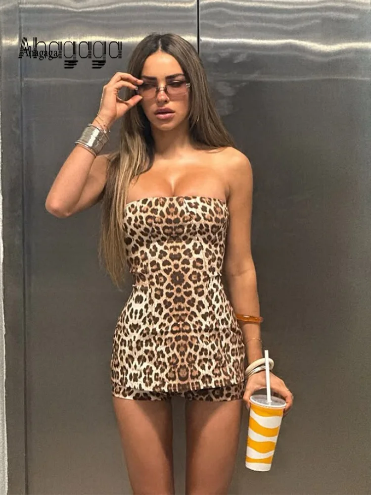

Ahagaga Sexy Club Women's Sets Leopard Strapless 2Pcs(Tops+Pants) Sheath Regular Casual Streetwear Print Trend Tracksuits Female