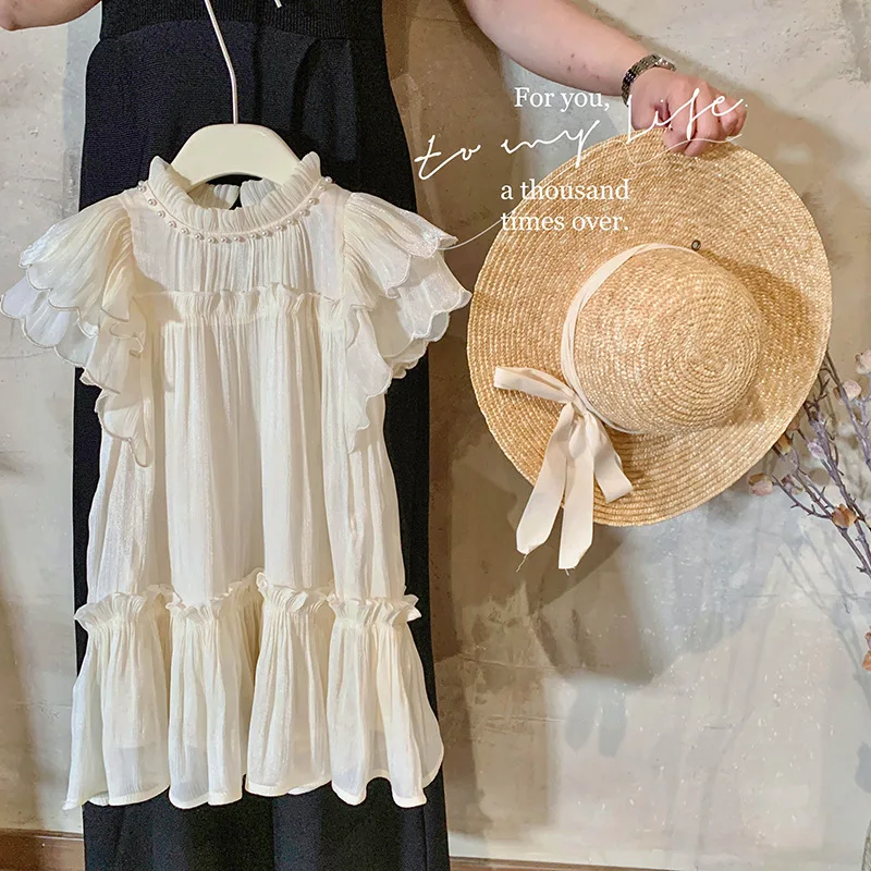 

Baby Girls Dress Fashion Sweet 2025 Summer New Flying Sleeve Sundress Kids Girls Fashionable Pearl Princess Dress