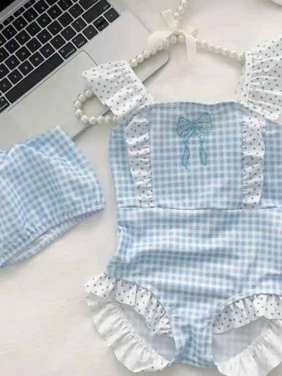 

Girls Swimwear Onesie Summer Polka Dot Ruffle Outfit Set Cute Plaid Baby Swimsuit Two-Piece Set Universal Fit round Neck