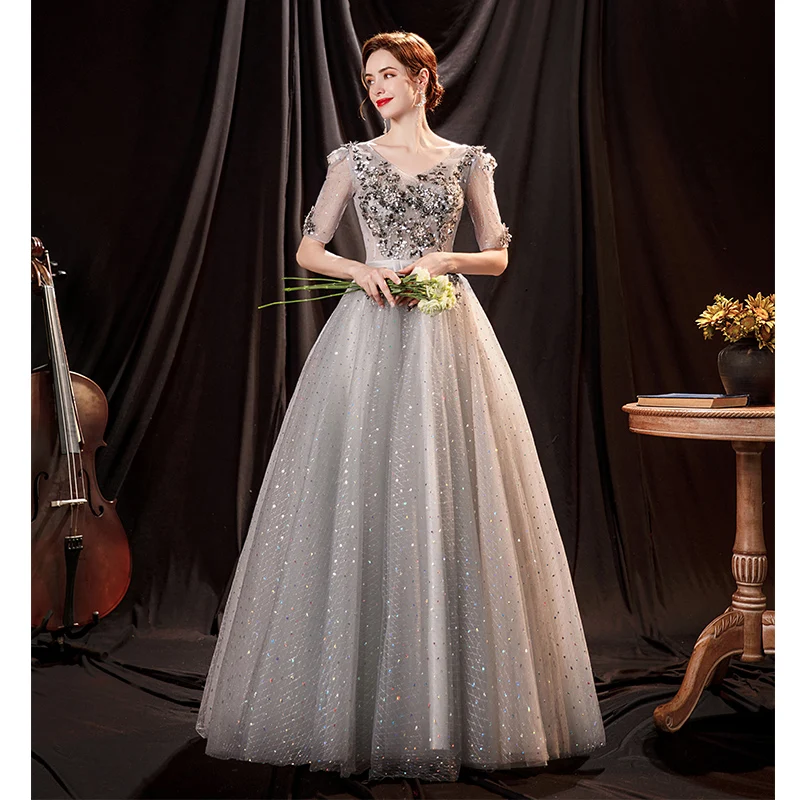 A-Line 2022 Spring Summer New Evening Party Dress Gown Sexy V-Neck Elegant Cheongsam Half Sleeve Gray Lace Vestidso Qipao