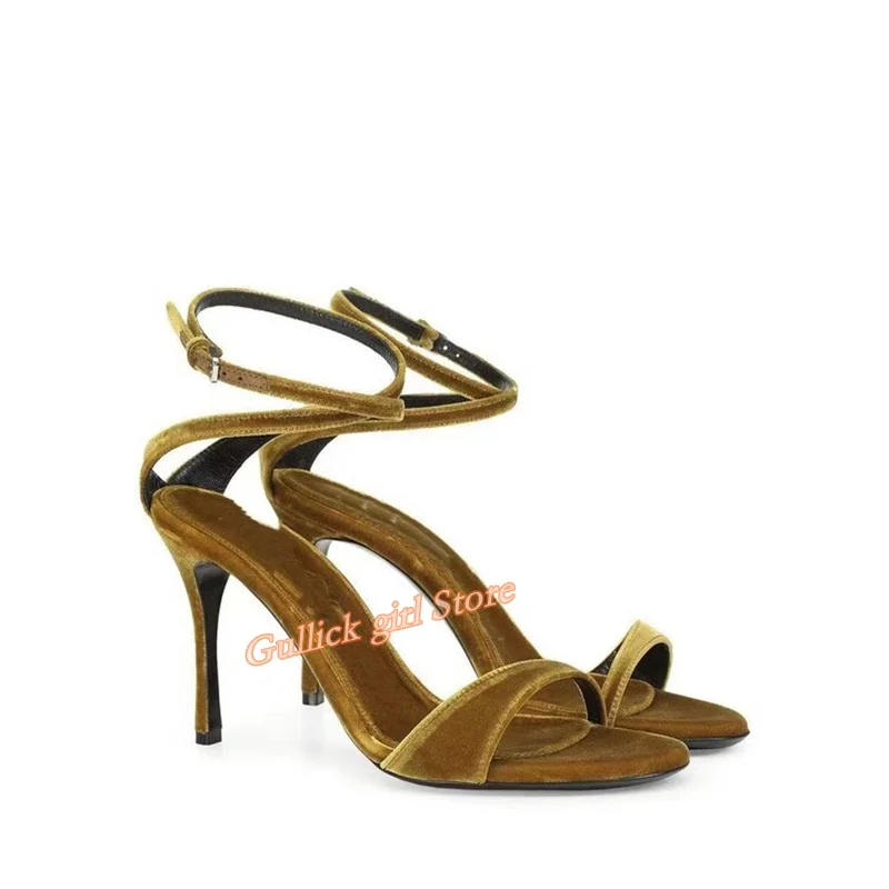 Velvet Ankle Buckle Sandals Open Toe Stiletto Thin High Heel Runway 2026 Summer Women Brown Dress Shoes Gold Custom Made - view 2