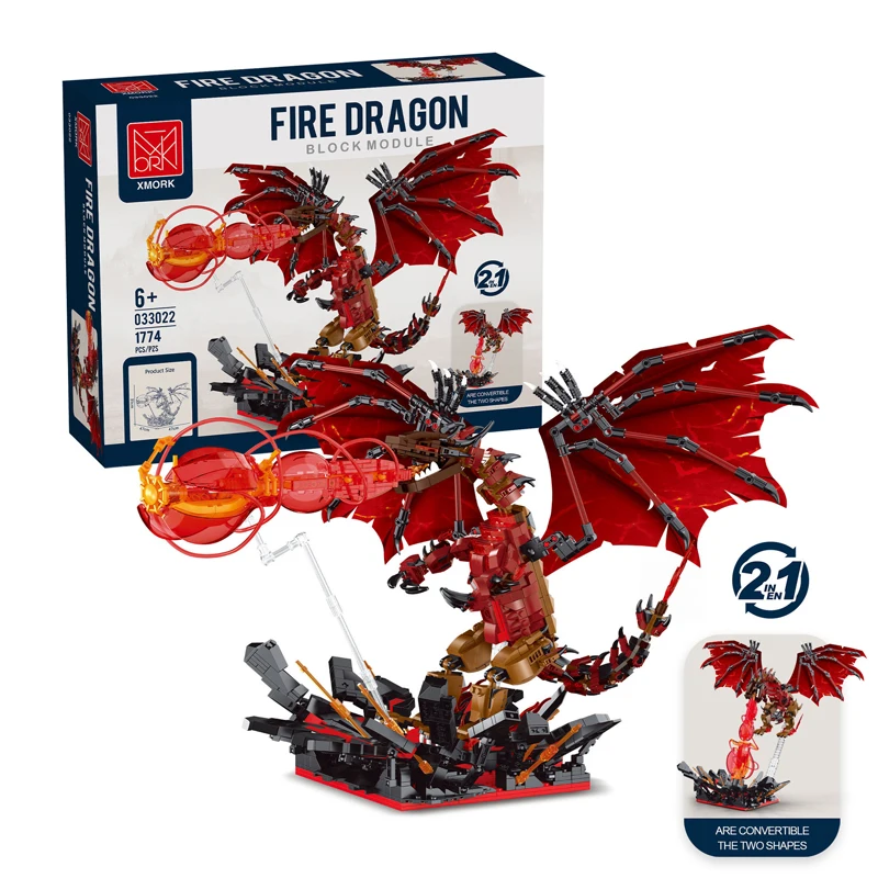 1774pcs MOC 2 in 1 Creativity Flame Dragon Building Blocks Bricks Assembling Model Toys for Boys Birthday Gift Set