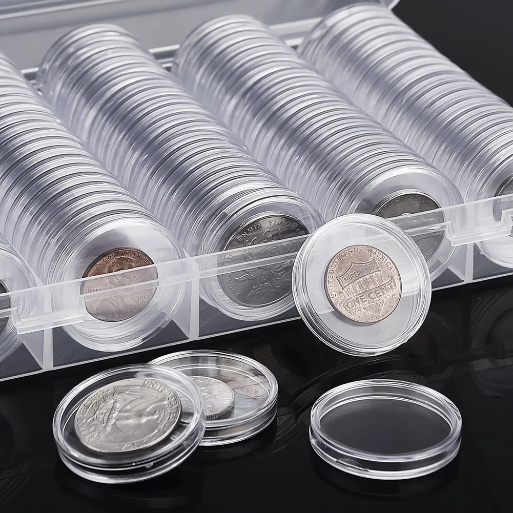 Set of 100 Coin Capsules 25mm Diameter with Plastic Storage Box for Coin Collectors Copper Silver Gold and Commemorative